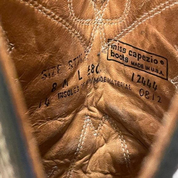 MISS CAPEZIO USA Made Vintage Black Leather Metallic Butterfly Cowboy Boots 8 - Picture 14 of 16